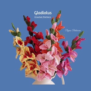Gladiolus crochet flower bouquet arrangement with red, pink, and yellow blooms