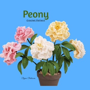 Crochet peony flower pattern with three blooms and green leaves in a pot