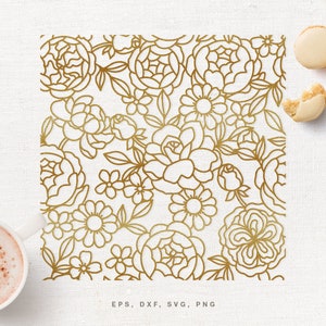 Floral seamless pattern SVG cut file with line-art flowers in gold outline