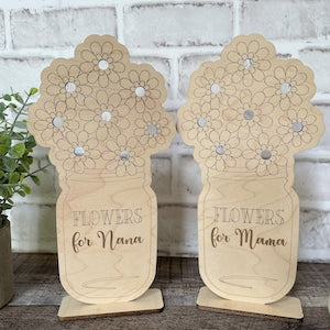 Beige flower shelf sitter signs with blue blossoms, 'Flowers for Mom' text, set of 2