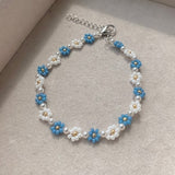 Beaded Flower Bracelet, Daisy Bracelet, Blue Floral Bracelet, Aesthetic Flower Bracelet, Birthday Gift, Gift for Her