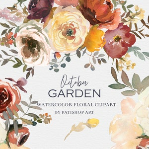 Watercolor floral clipart featuring autumn flowers and leafy foliage border
