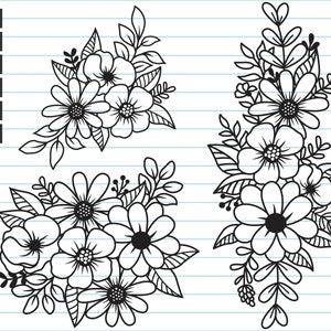 Floral outline SVG set with flower borders and bouquets, black line art