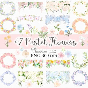 Pastel watercolor flower clipart bundle with 47 wreaths, bouquets, and decorative elements
