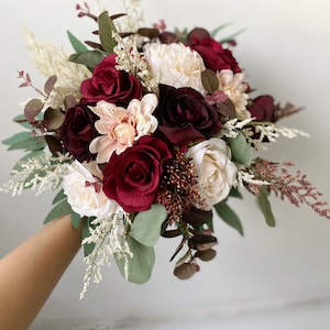 Burgundy & Ivory White Rose and Eucalyptus Wedding Bouquet, Burgundy Wedding Flower, Burgundy Silk Flower Wedding, Bridal Bridesmaid Bouquet