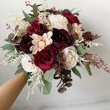 Burgundy & Ivory White Rose and Eucalyptus Wedding Bouquet, Burgundy Wedding Flower, Burgundy Silk Flower Wedding, Bridal Bridesmaid Bouquet