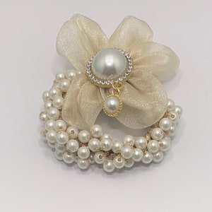 Ivory organza flower scrunchie with pearl beads and rhinestone center, elastic hair tie