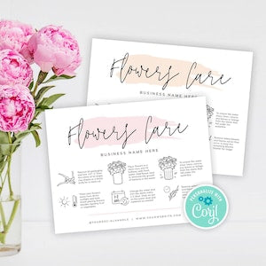Floral bouquet care cards, two printable cards with “Flowers Care” header and care icons