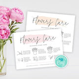 Flowers Care Card Template, Editable Bouquet Care Guide, Printable Florist Care Cards, Feminine Fresh Blooms Care Instructions, PW-001