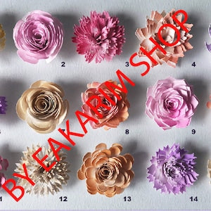 Rolled flower paper SVG set with preview, assorted pink and purple rolled paper flowers