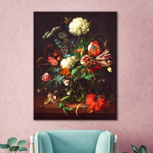 Framed canvas print of colorful flower bouquet in a vase with dark background