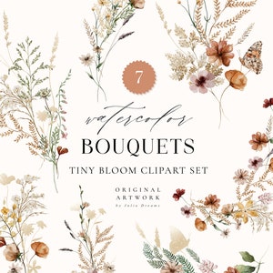 Floral bouquet clipart set with tiny wildflower arrangements and leaves, wedding invite style