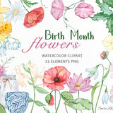 Watercolor Birth Month Flower Clipart | Floral PNG | Birthday Florals | Wildflower Bouquet Printable Clipart | Elegant Botanical Clipart |