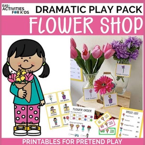 Flower shop dramatic play pack printables with girl illustration and flower-themed props