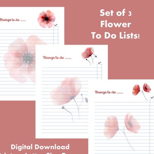 Set of 3 printable flower to-do lists with pink floral illustrations, 8.5x11 pages