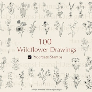 Wildflower stamp set with 100 botanical line drawings of flowers, leaves, and stems