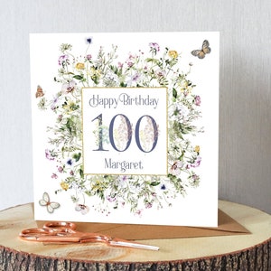 Personalised 100th birthday card with wildflowers and butterflies, Happy Birthday and Margaret