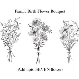 Family birth flower bouquet tattoo design, bundle of up to seven flowers with stems