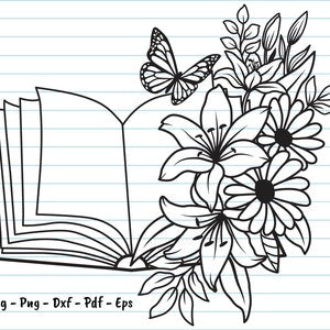 Floral open-book line art SVG with flowers and butterfly detail