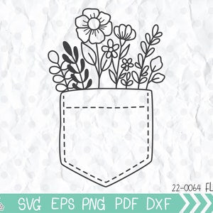 Wildflower pocket SVG with hand-drawn line art flowers in a dashed pocket outline