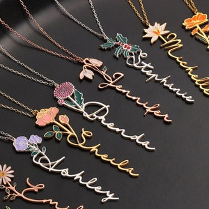 Sterling silver-toned name necklace with enamel birth flower pendant and colorful accents
