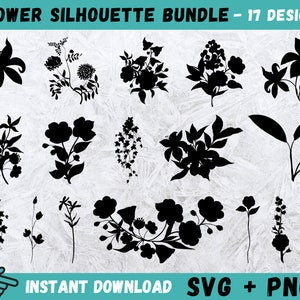 Floral silhouette SVG bundle with assorted black wildflower and rose designs