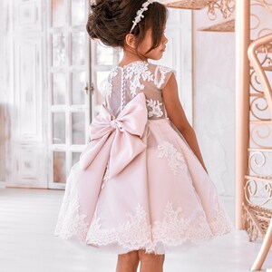 Blush pink sleeveless tutu dress with lace bodice, large bow at back, tulle skirt
