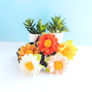Wool felt flower dog collar accessory with orange, yellow, pink, and white blossoms