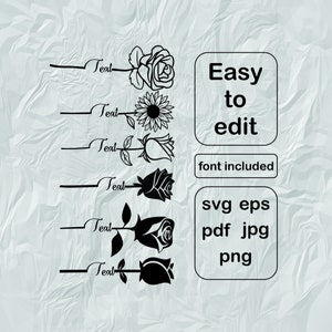 Floral SVG design bundle with roses, daisy, and editable script text; font included