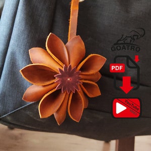 Orange layered leather flower ornament; PDF pattern template for pin, bag, or keychain