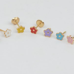 Baby flower stud earrings in yellow gold tone with colorful enamel and screw backs, small