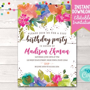 Floral watercolor birthday invitation card with pink and blue flowers and text layout