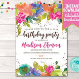 Instant Download Watercolor Flowers Birthday Party Invitation, Editable Floral Birthday Party Invite, Printable Floral Birthday Party Invite