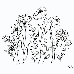 Meadow flower embroidery design with line-art blossoms and butterflies