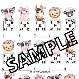 Animals and flowers bingo game boards, assorted layouts with numbered squares.