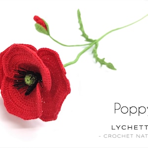 Crochet poppy flower with red petals and dark center, green stem and leaves