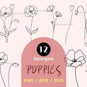 Poppies line art floral clipart pack with 12 minimal sketch flower designs