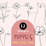 Poppy flower Line, Flower Sketch Svg, Floral Logo Clip, Wedding Invitation, Line Art Digital, PNG EPS SVG Vector, Minimal Line Art Botanical