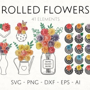 Rolled flower design set with 41 elements, includes multicolor flower and leaf templates