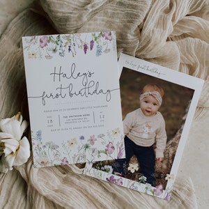 Floral first birthday invitation cards with baby photo and handwritten name