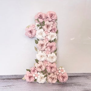 Paper flower number 1 decoration with pink and white blossoms
