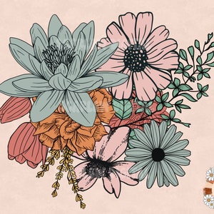 Watercolor floral bouquet design with pink, teal, orange flowers and green leaves