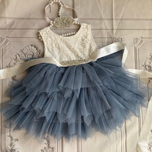 Dusty blue tulle tutu flower girl dress with lace bodice and sleeveless top
