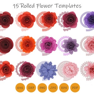 Rolled flower templates set with red, pink, purple paper flower designs and SVG/DXF files