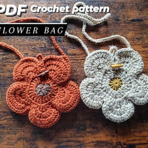 Crochet flower bag pattern with orange and gray crocheted flower motifs