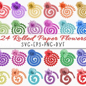 Rolled paper flower SVG and PNG template set with colorful spiral rosette designs