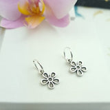 Antique silver lever back daisy earrings, small sterling silver Huggie Hoop Earrings, simple silver hoops, flower charm, stacking earrings