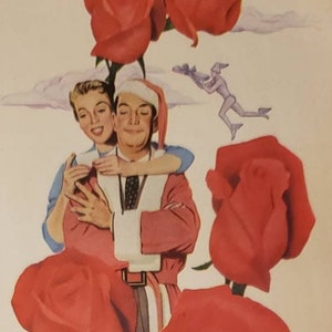 Vintage floral print ad with illustrated couple holding red roses and wrapped gifts