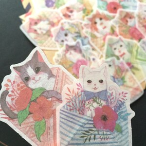 Cute cat-themed envelope mini sticker set with gray and white kittens, florals and leaves