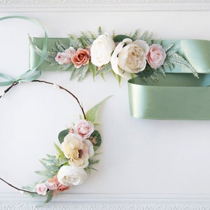 Sage green floral hair crown with cream and blush flowers on satin ribbon band